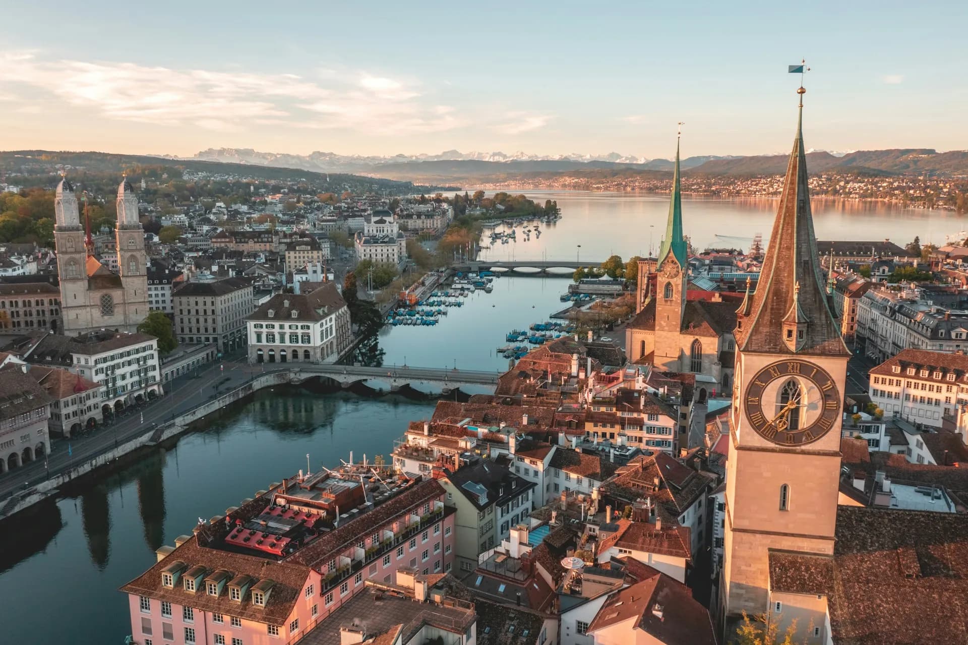 Zurich old town with St. Peter, the Limmat and Lake Zurich