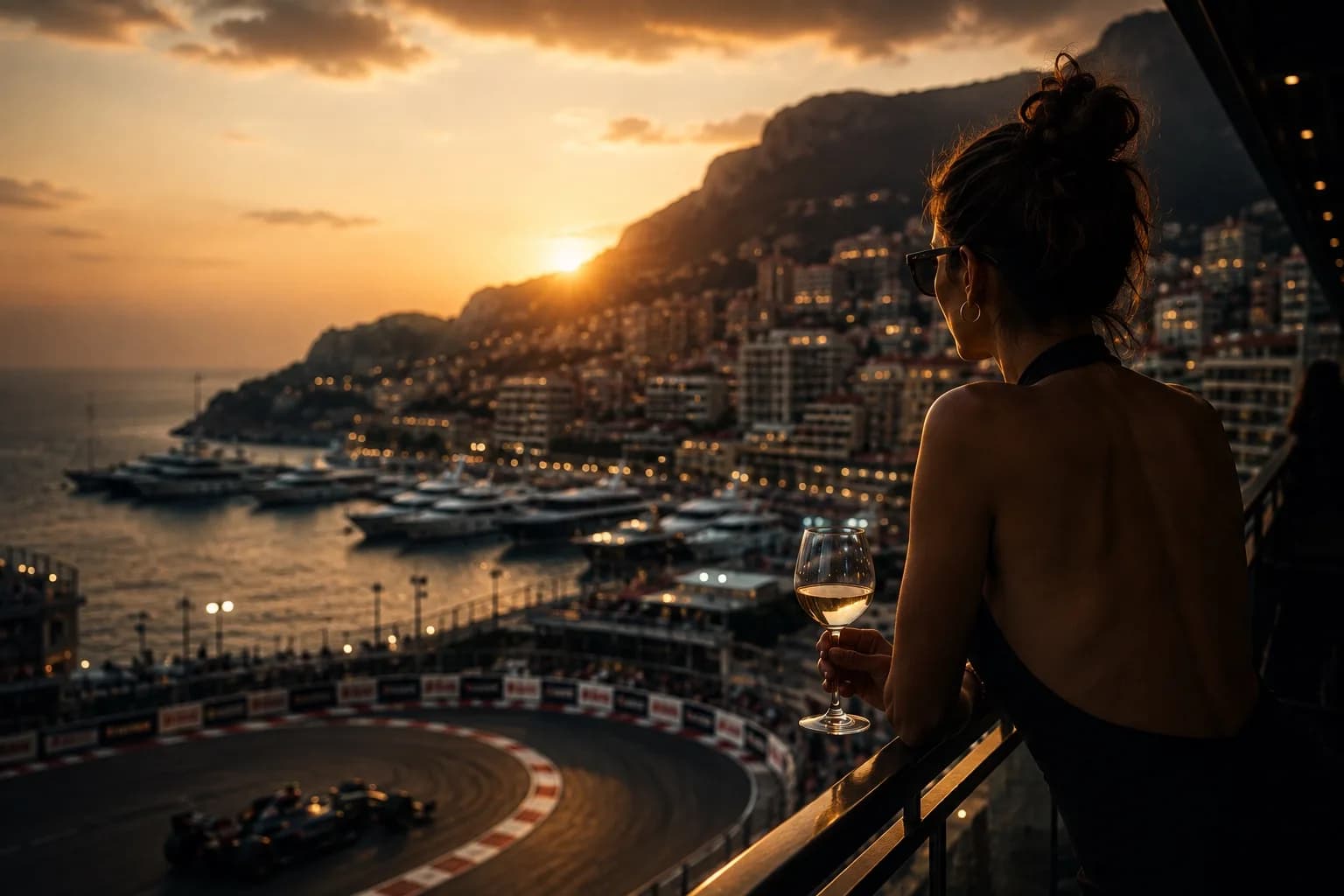 A guest on a balcony above the harbour circuit at sunset
