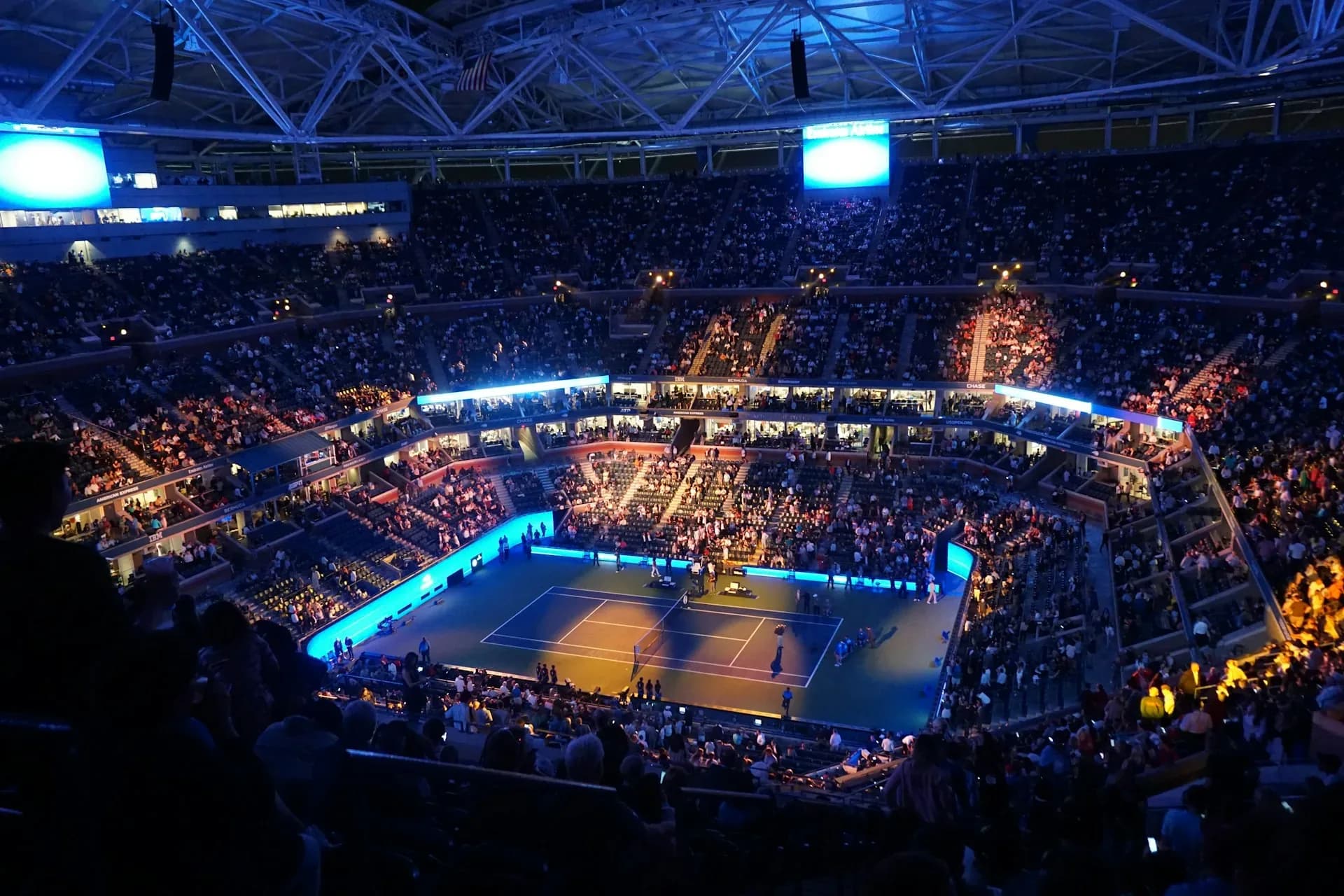 Arthur Ashe Stadium lit up for a night session