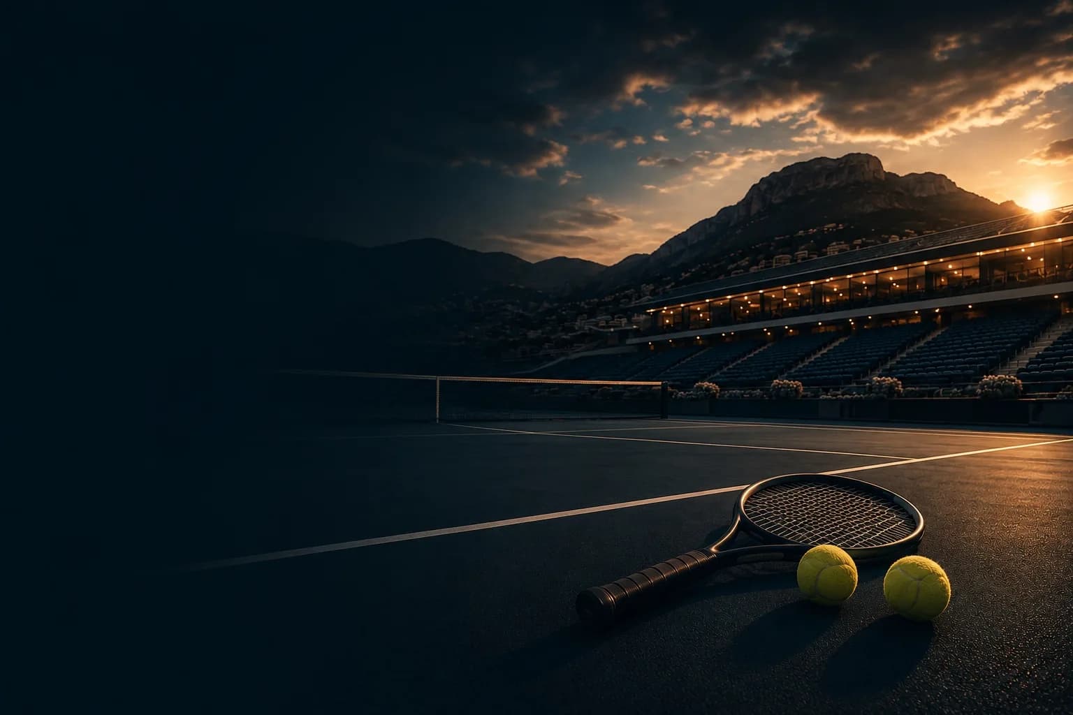 A racket and balls on court at dusk